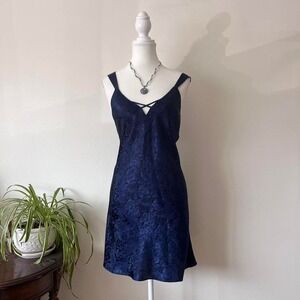 Vintage Y2K Satin Slip Dress Womens Sz M Navy Blue elegant princesscore